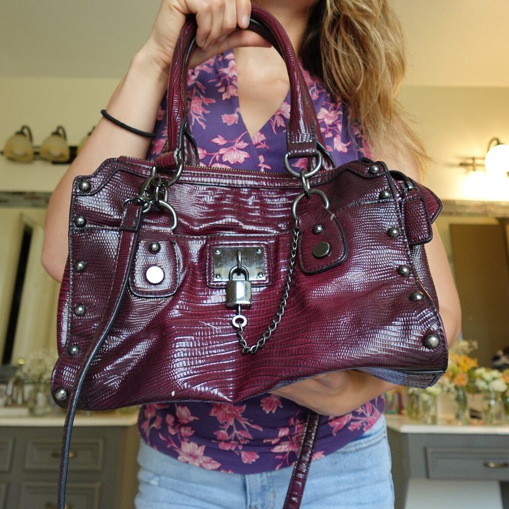 Nine West Studded Burgundy Crocodile Skin Purse + Gunmetal Lock and Chain Detail